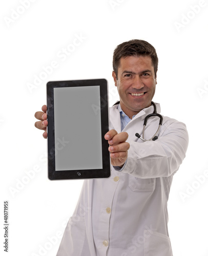 Portrait of happy doctor with a tablet.