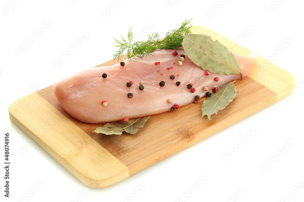 raw chicken meat on cutting board, isolated on white raw chicken meat on cutting board, isolated on white
