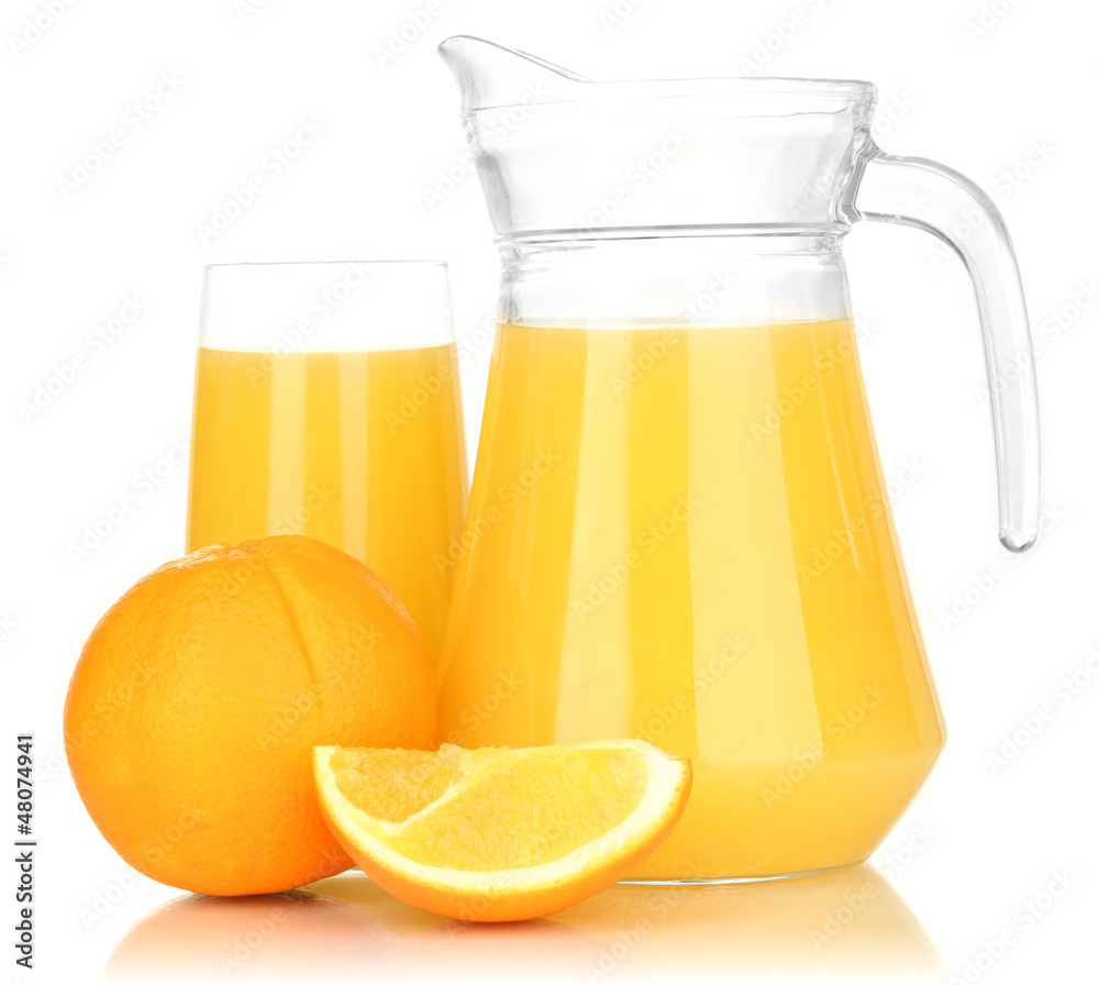 Full glass and jug of orange juice and oranges isolated on Full glass and jug of orange juice and oranges isolated on