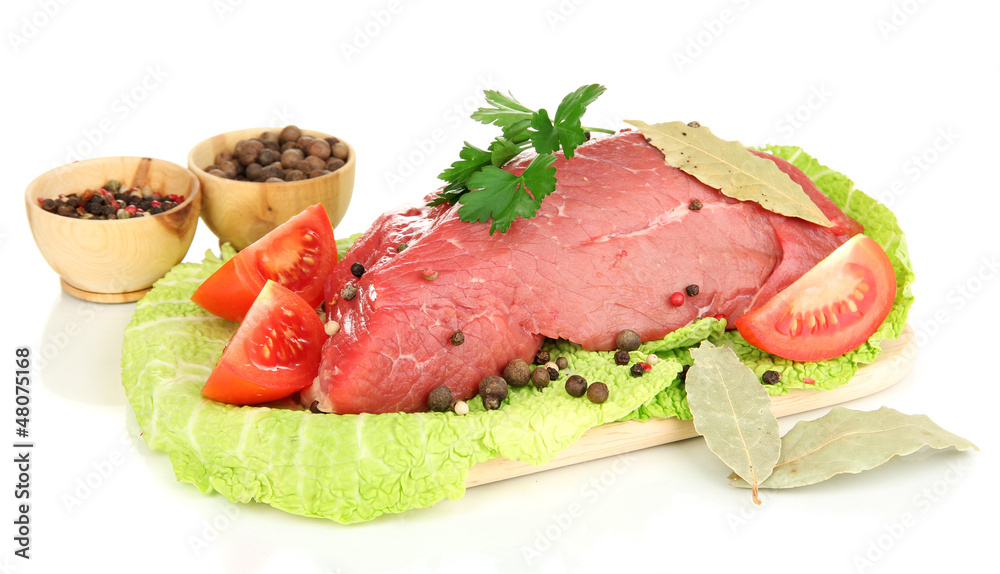 Raw beef meat marinated with herbs and spices isolated on white Raw beef meat marinated with herbs and spices isolated on white
