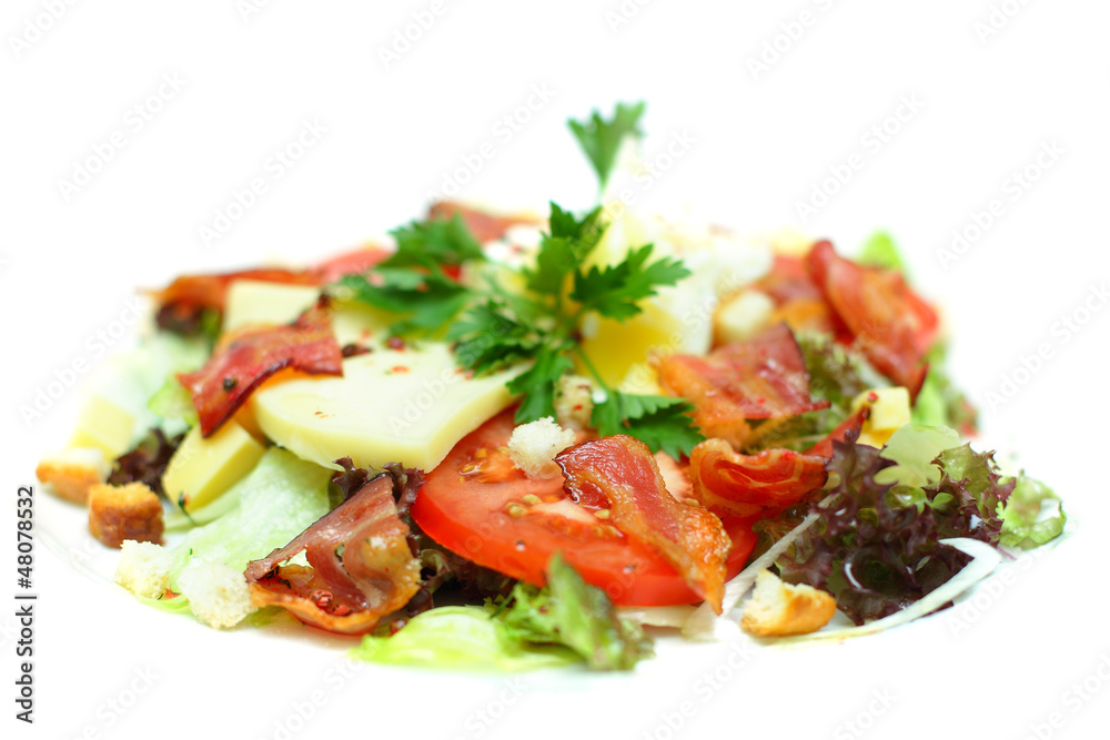 Gourmet salad with bacon on white Gourmet salad with bacon on white