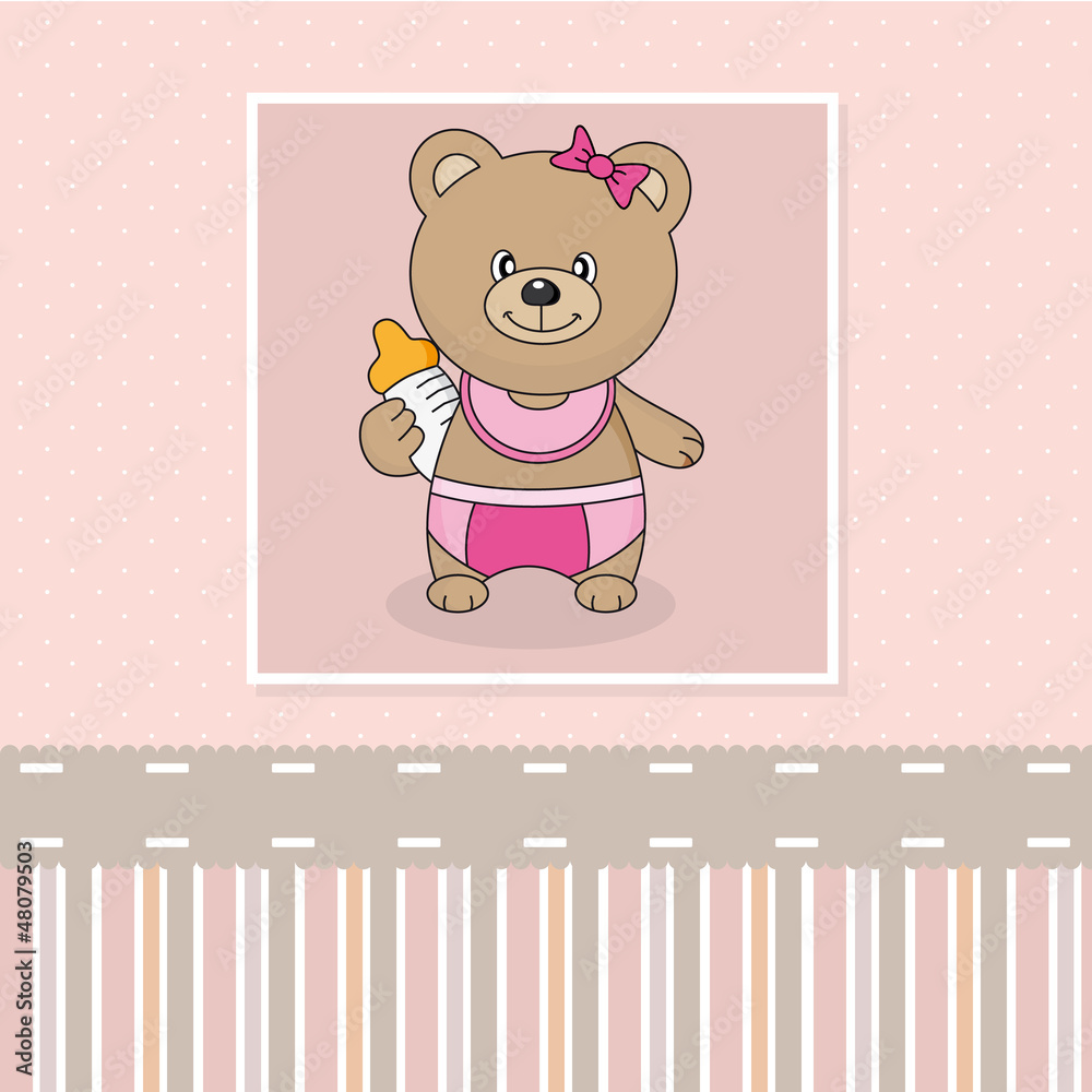 Tarjeta nacimiento bebe niña. Oso con un biberon Tarjeta nacimiento bebe niña. Oso con un biberon