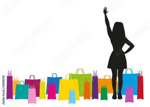 silhouette of a girl waving hand with colorful packages around