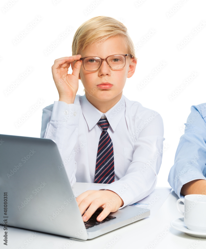 Smart blond boy pretending to be a boss Smart blond boy pretending to be a boss