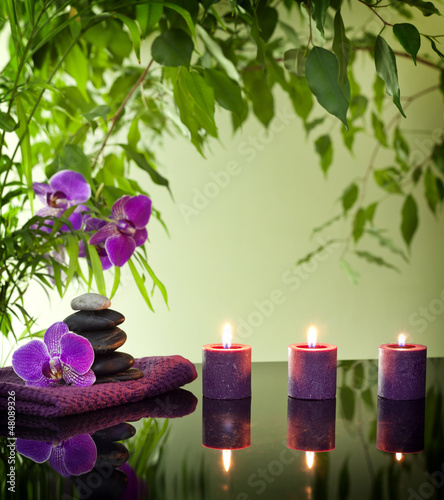 Photography Spa still life with zen stones aromatic candles and orchids