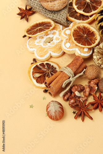 composition of christmas spices  on beige background