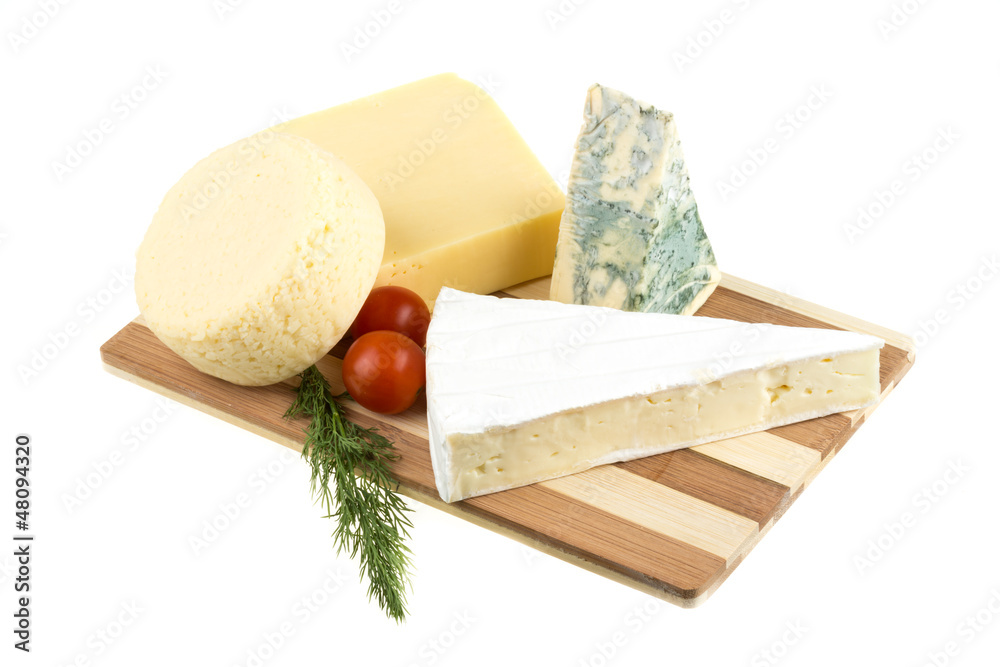 Variety of cheese: ementaler, gouda, Danish blue soft cheese and