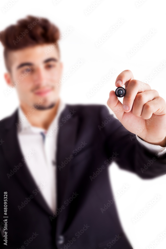 Young business man drawing on empty copy space isolated on white Young business man drawing on empty copy space isolated on white