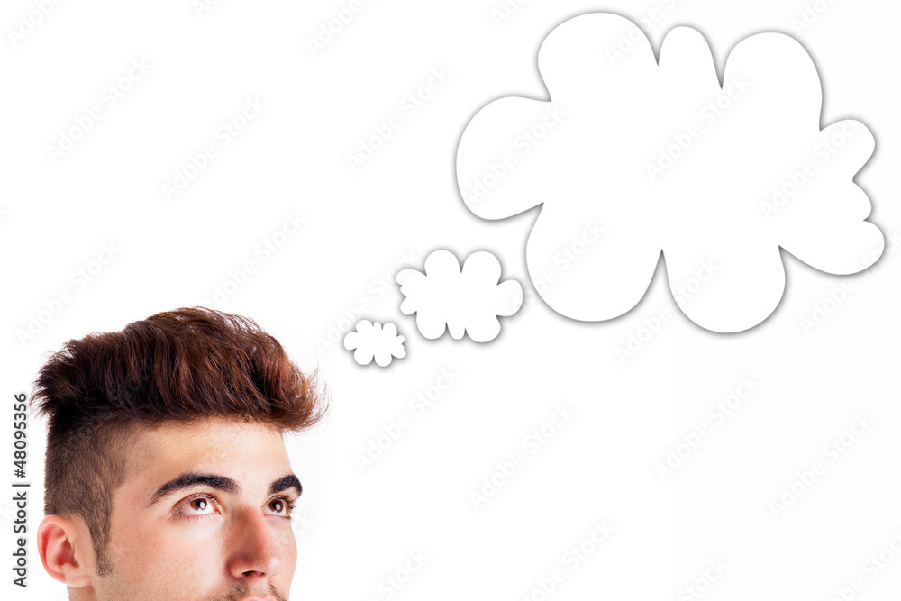 Cropped image of young man thinking, cloud for your text