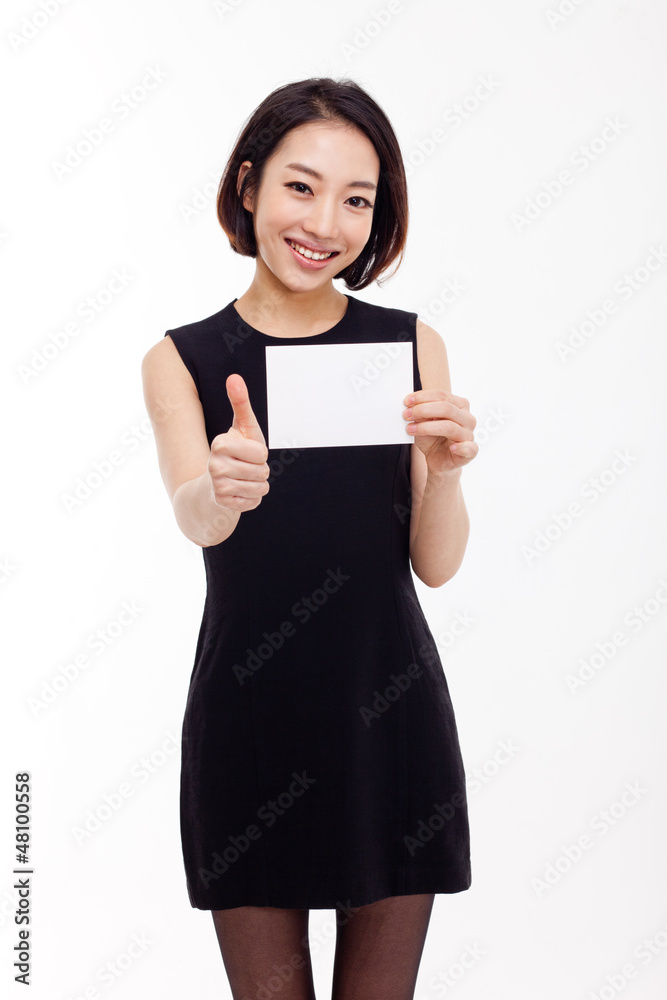 Business woman showing blank card. isolated over white Business woman showing blank card. isolated over white