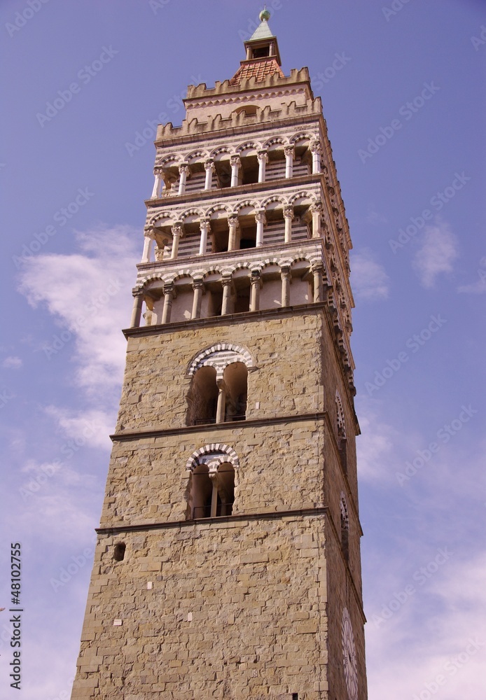 The bell tower of the cathedral in Pestoia in Italy