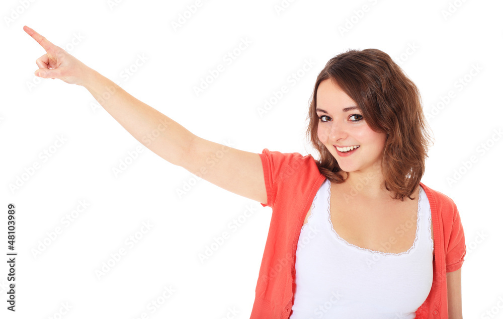 Attraktives Mädchen zeigt mit dem Finger zur Seite Attraktives Mädchen zeigt mit dem Finger zur Seite