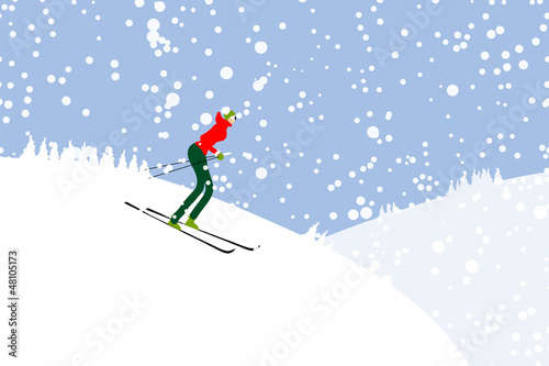 Girl skiing, winter mountain landscape