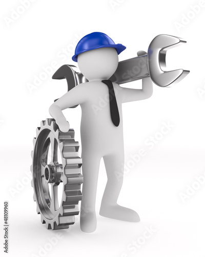 Man with wrench on white ba...