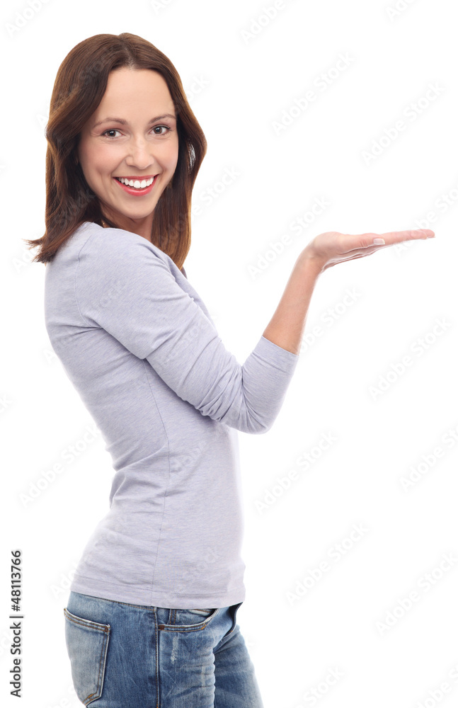 Young woman presenting your product Young woman presenting your product