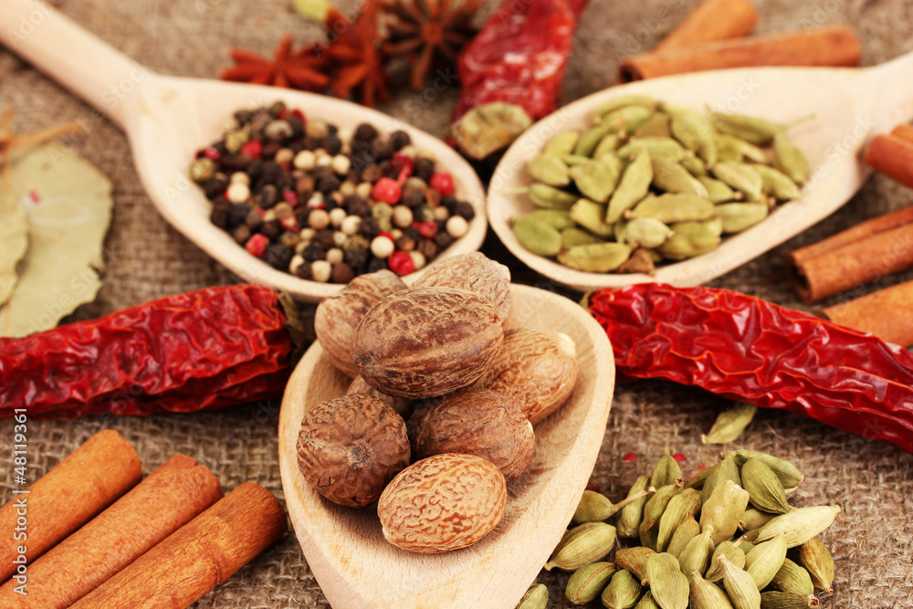 Nutmeg and other spices on sackcloth background Nutmeg and other spices on sackcloth background