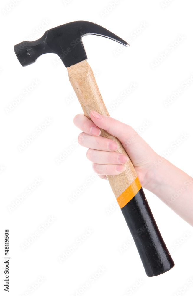 Hammer in woman hand, isolated on white Hammer in woman hand, isolated on white
