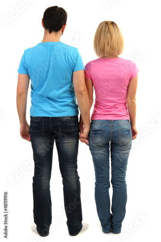 Loving couple holding hands isolated on white