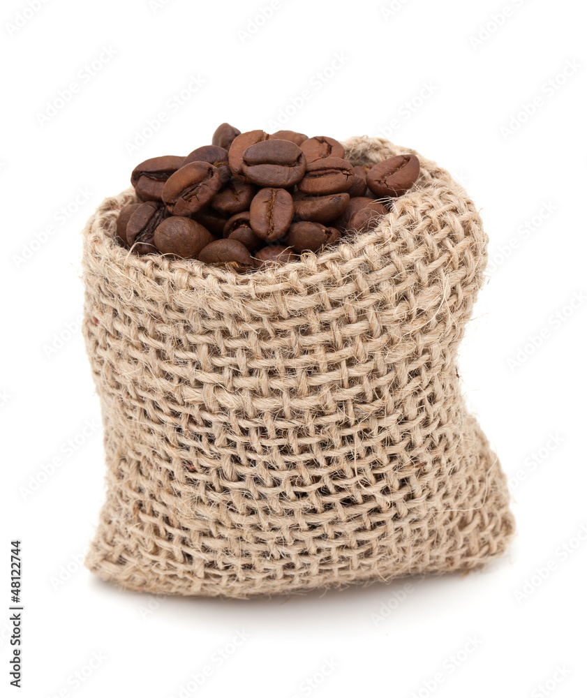 coffee beans in a miniature burlap bag