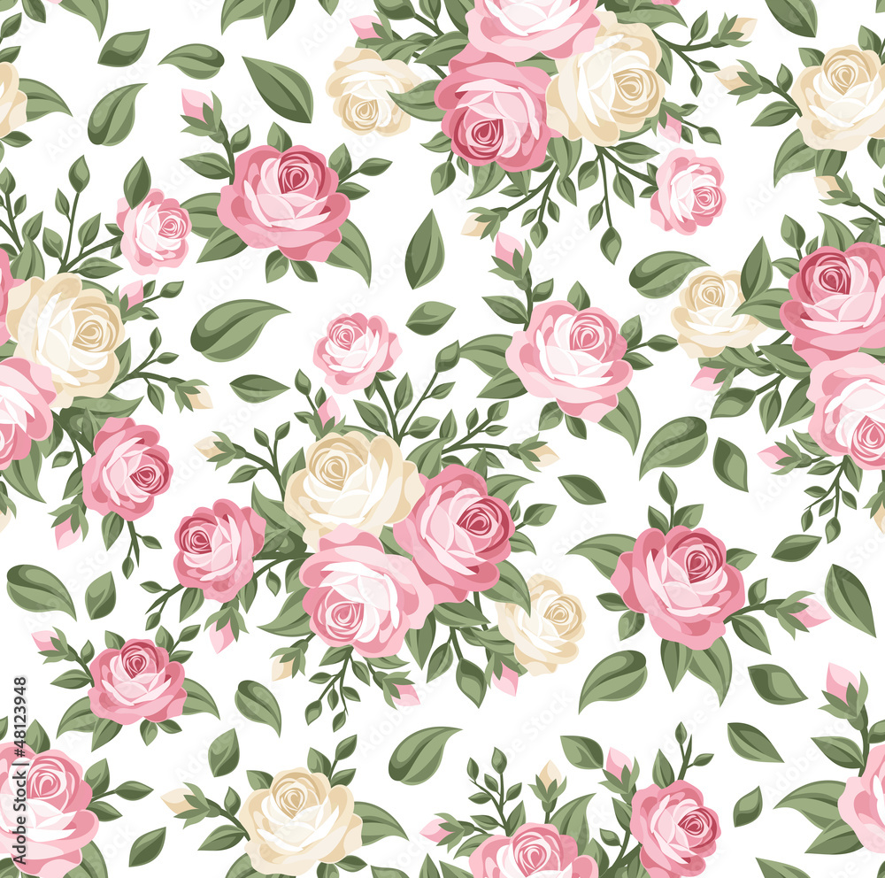 Seamless pattern with pink and white roses. Vector illustration. - obrazy, fototapety, plakaty 