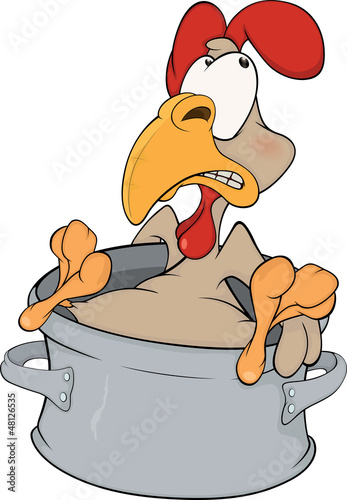 Cockerel and a pan. Cartoon