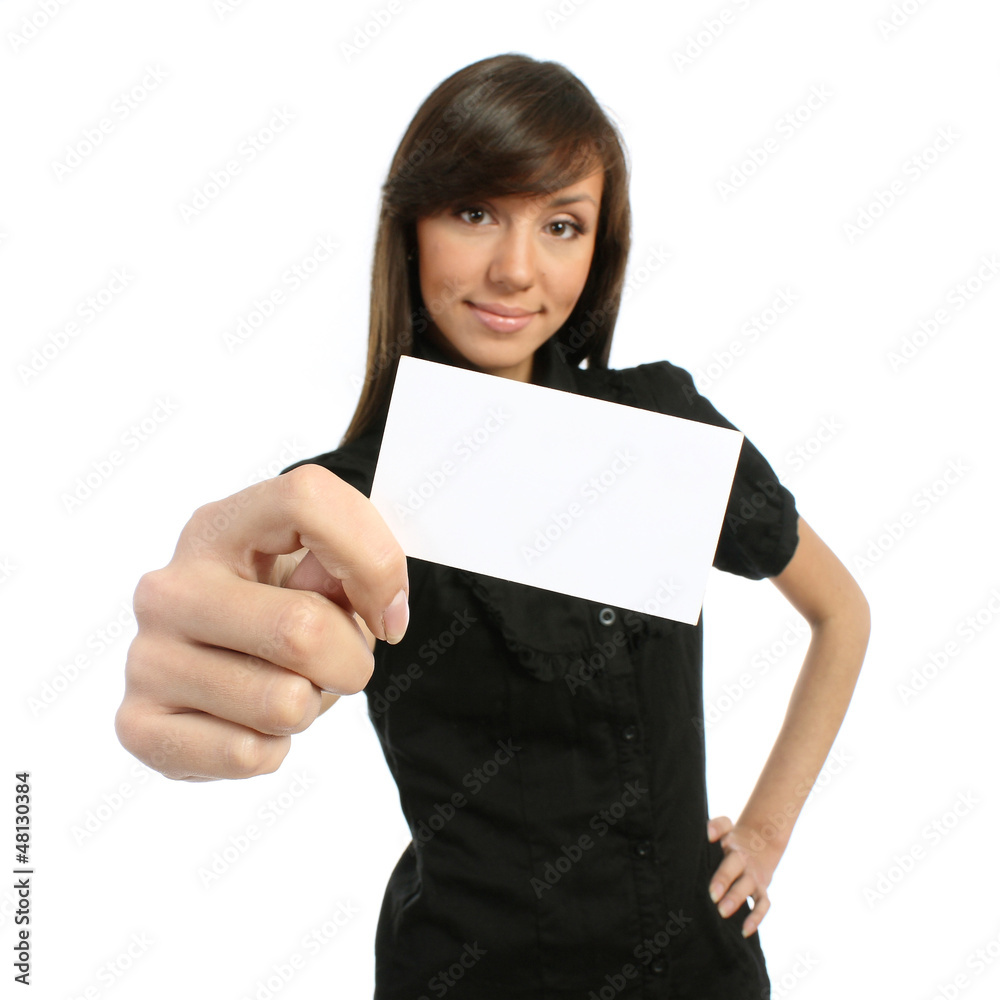 Attractive and positive girl shows business card Attractive and positive girl shows business card