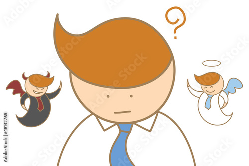 cartoon character of man thinking angel and devil mind