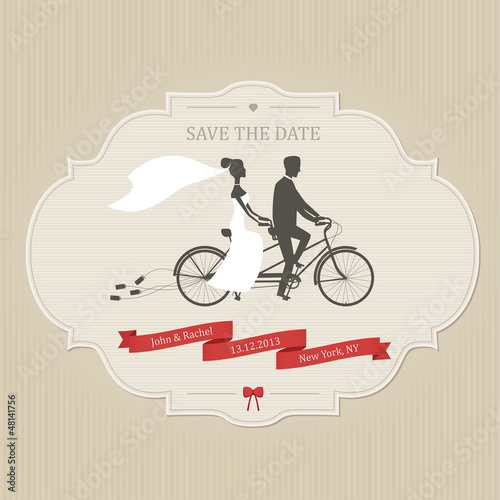 Funny wedding invitation with tandem bicycle