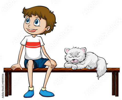 A smiling boy and cat sitting on a bench