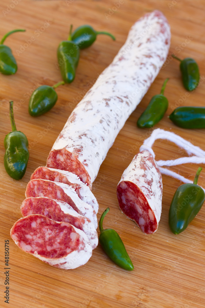 Meat fuet sausages with green peppers Meat fuet sausages with green peppers