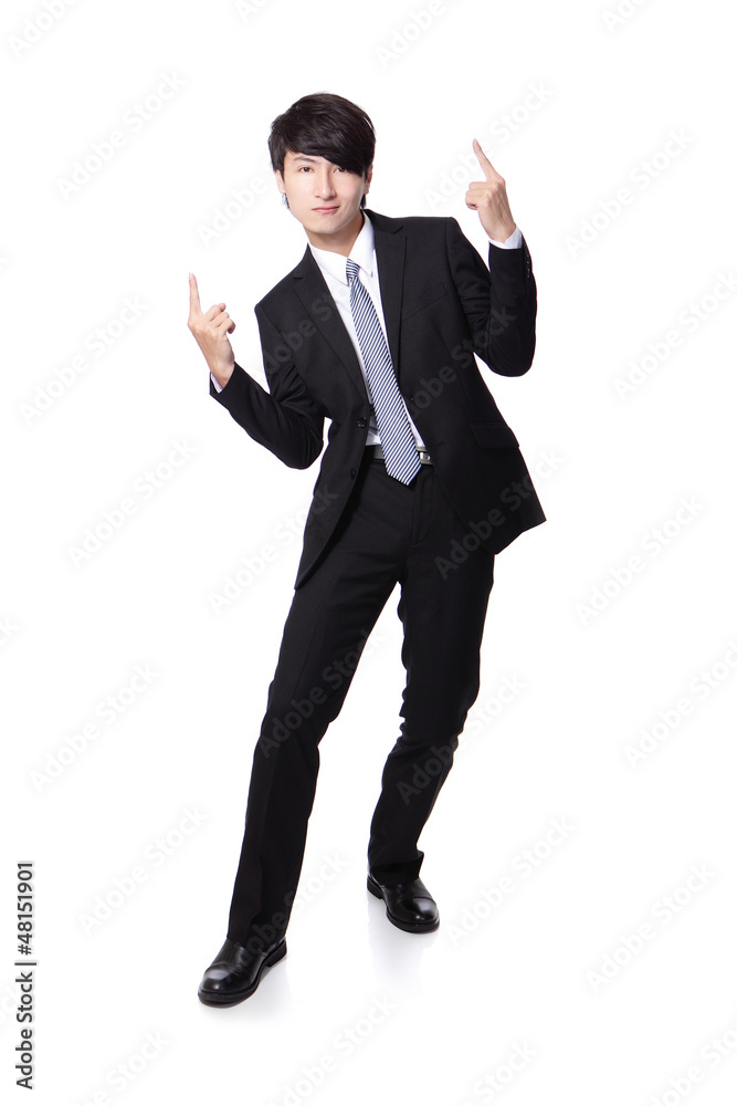 business man enjoying success and raise arms