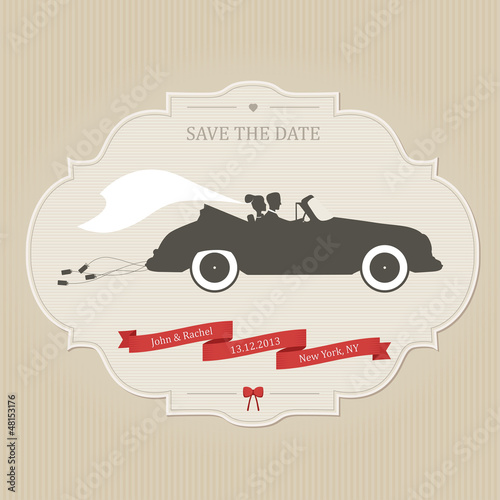 Funny wedding invitation with vintage car dragging cans