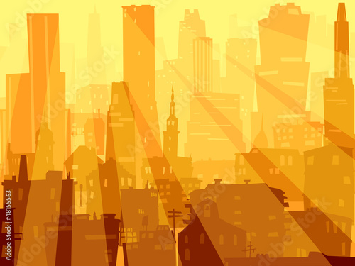 Abstract illustration of big city and rays of light.