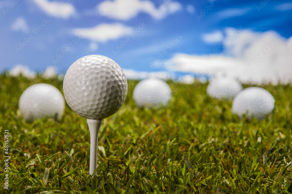Golf theme on green grass and sky background Golf theme on green grass and sky background