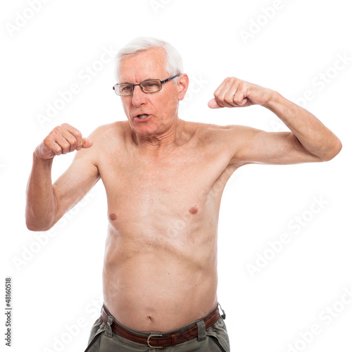 Naked senior man gesturing
