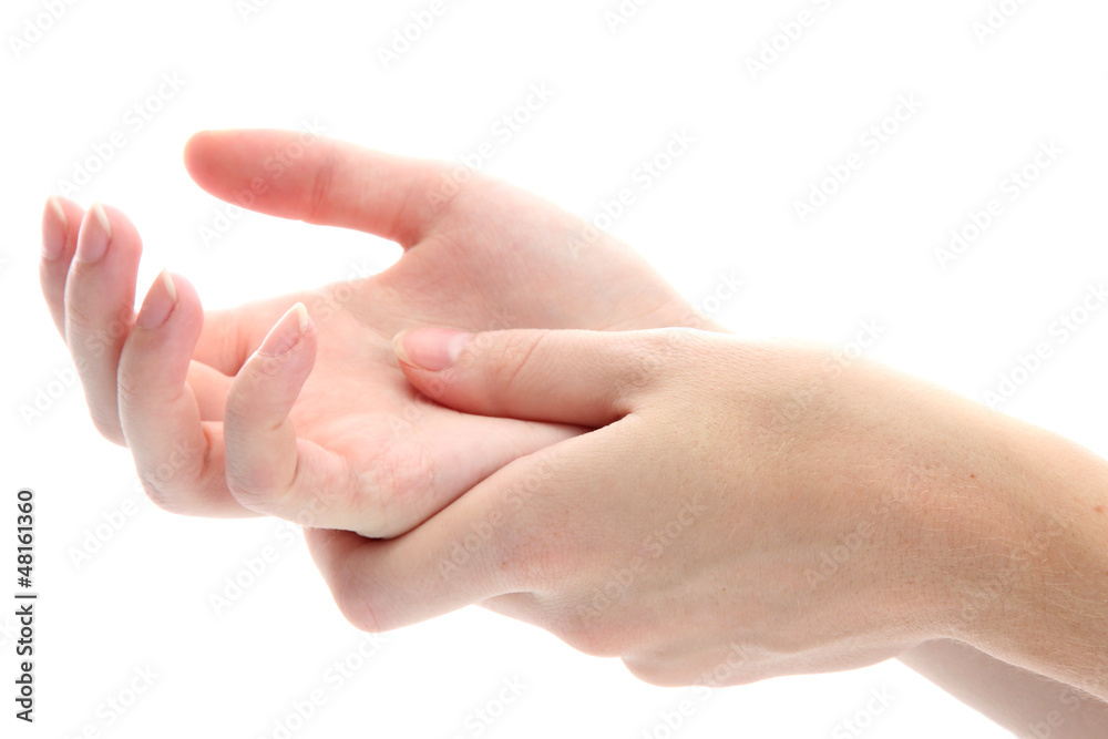 one woman hand massaged other, isolated on white one woman hand massaged other, isolated on white