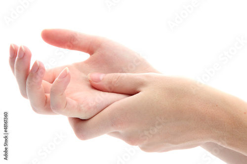 one woman hand massaged other, isolated on white