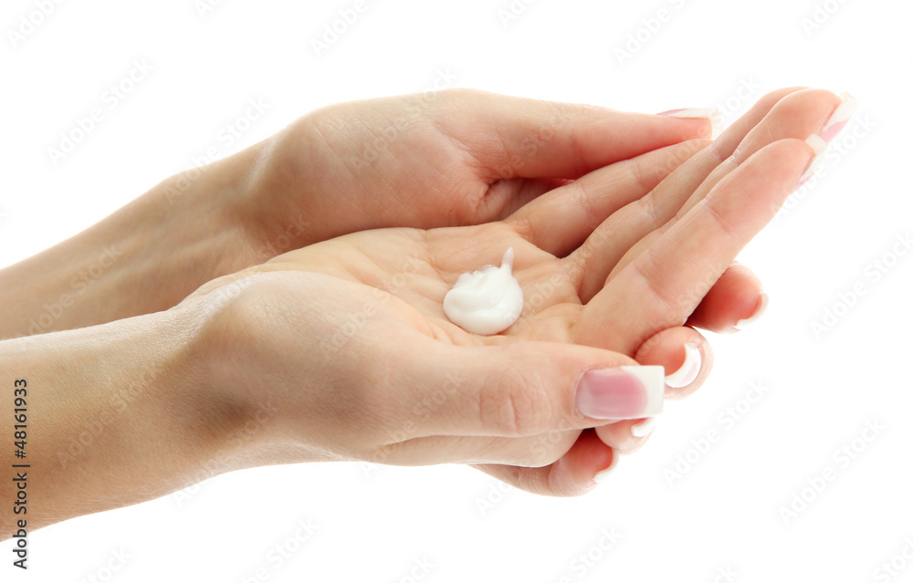 Beautiful woman hands with cream, isolated on white Beautiful woman hands with cream, isolated on white