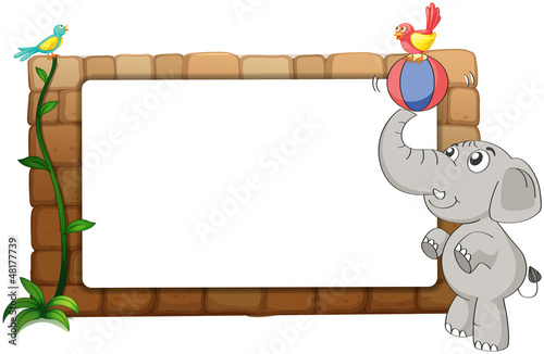 A white board, an elephant and birds
