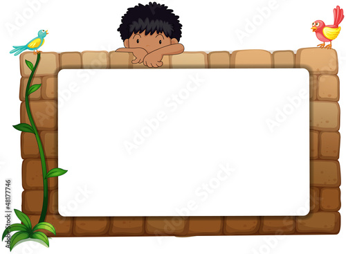 A white board, a boy and birds