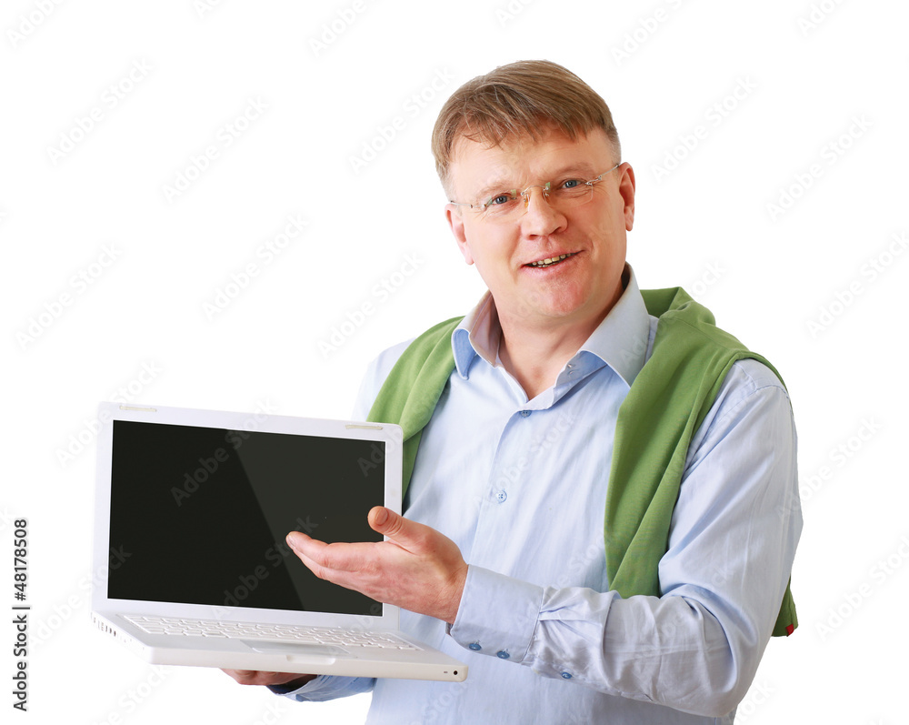 Man presenting laptop isolated on white background Man presenting laptop isolated on white background