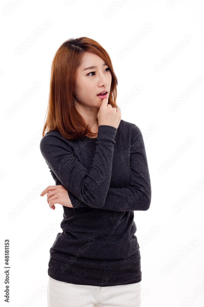 Thinking young Asian woman isolated on white background Thinking young Asian woman isolated on white background