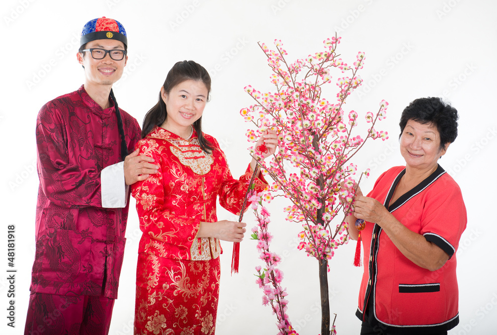 chinese new year family decorating willow tree