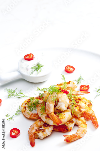 grilled prawns with dip of garlic, chilli and dill
