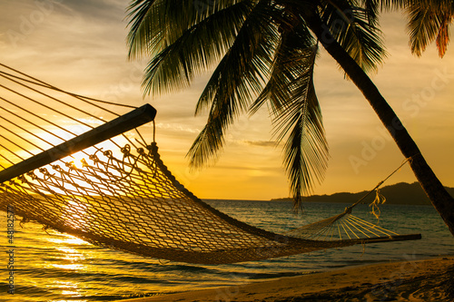 Hammock silhouette with palm trees on a beach at sunset © Martin Valigursky