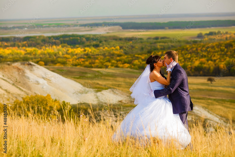 bride and groom outdoor standing in a yellow field hug, newlywed