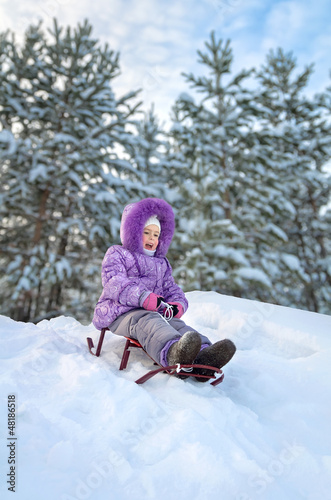 Little girl sledding in the winter day