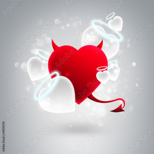 Devil and angel hearts together at silver glitter background. Va