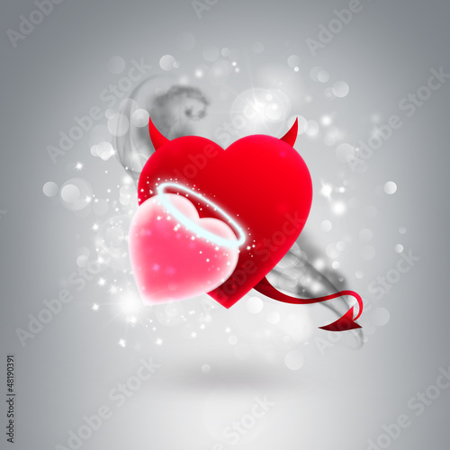 Devil and angel hearts together at silver glitter background. Va
