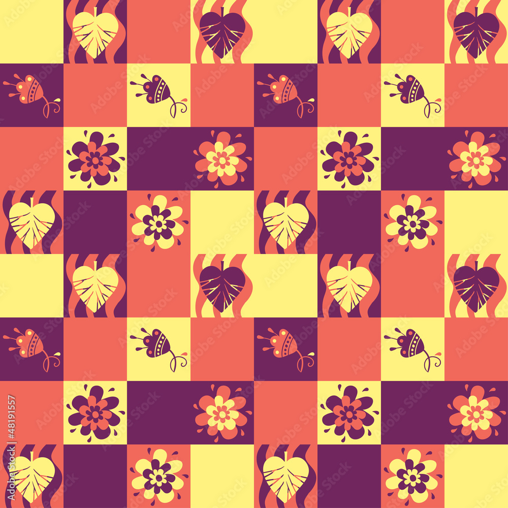Seamless patchwork pattern with leaves and flowers